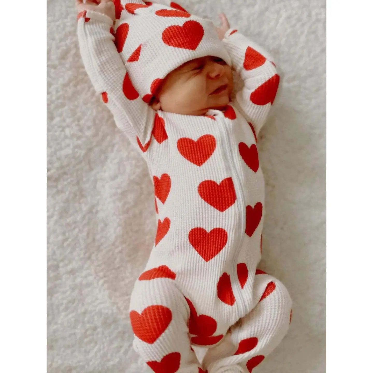 Organic Waffle 2-Way Zip Footie, Red Heart - NB