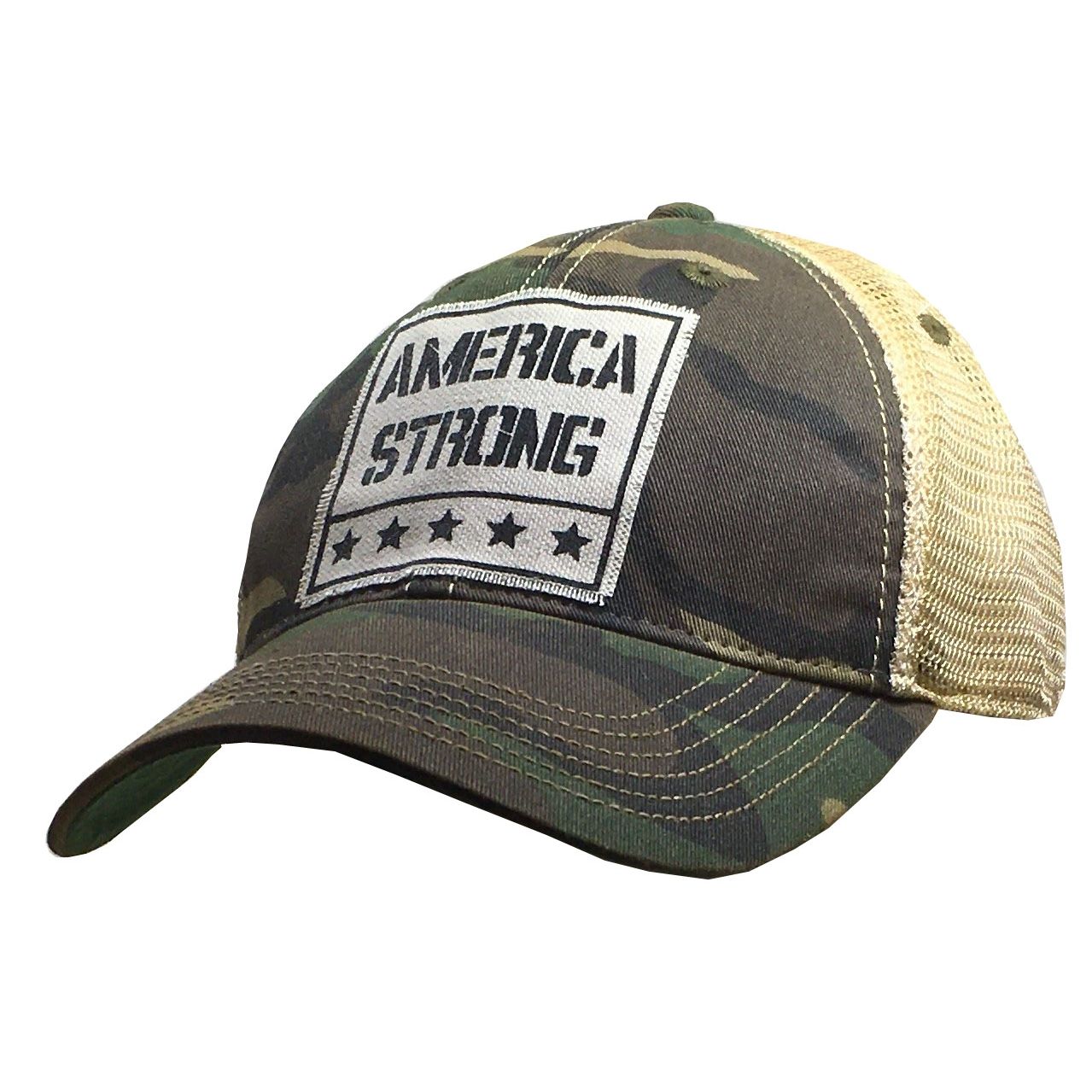 "America Strong" Distressed Trucker Cap -, Color: Camo