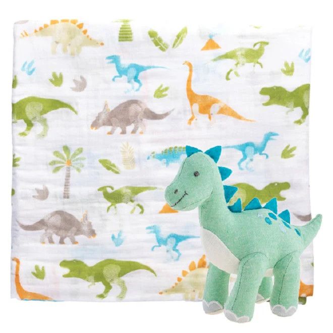 Muslin Blanket and Stuffed Animal, Color: Dino