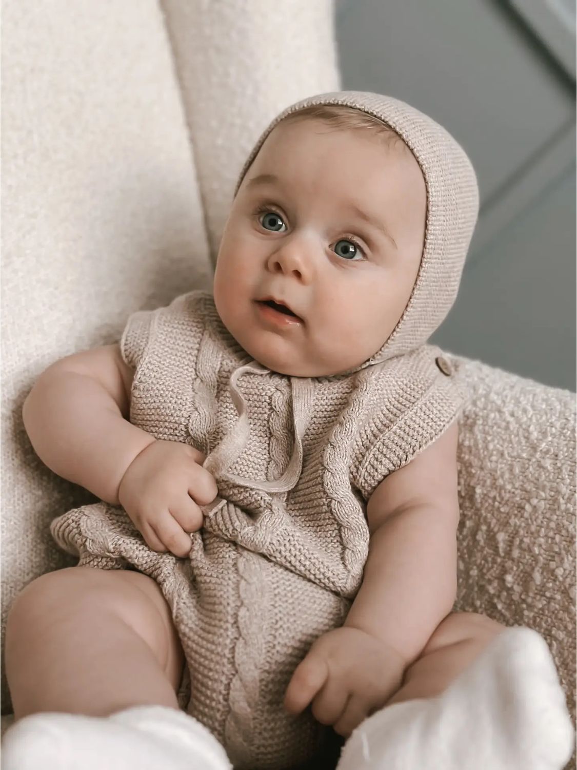 Cable Knit Summer Romper Heather Beige 3-6m