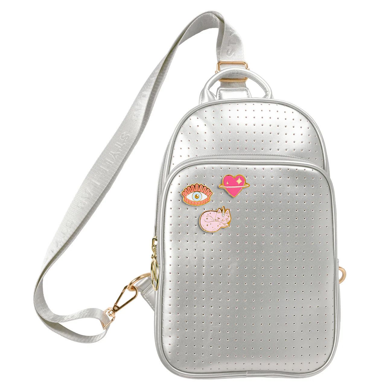 Reese Perforated Sling Backpack W/ Pins - Silver