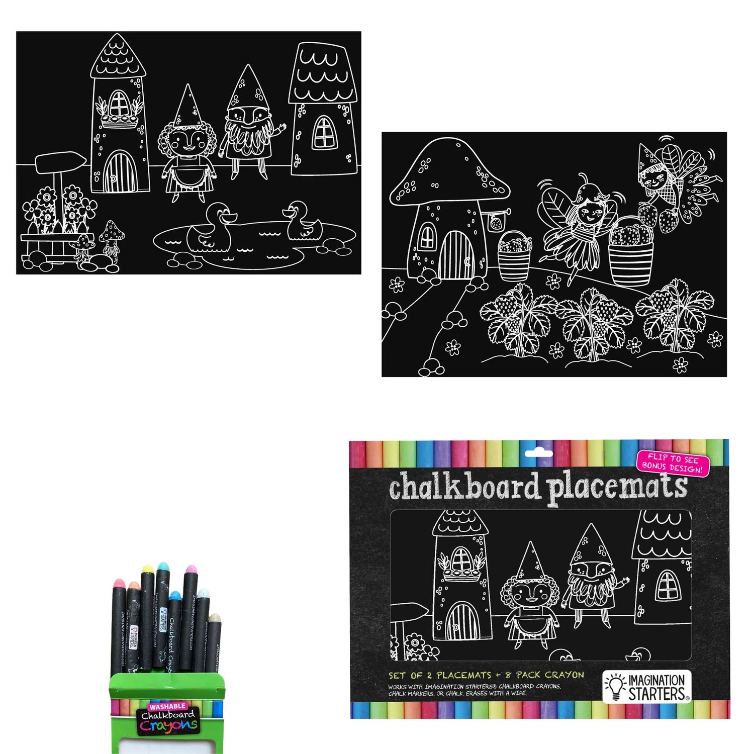 Imagination Starters Chalkboard Placemats Coloring Set (12"x17")  - Gnomes/Fairies