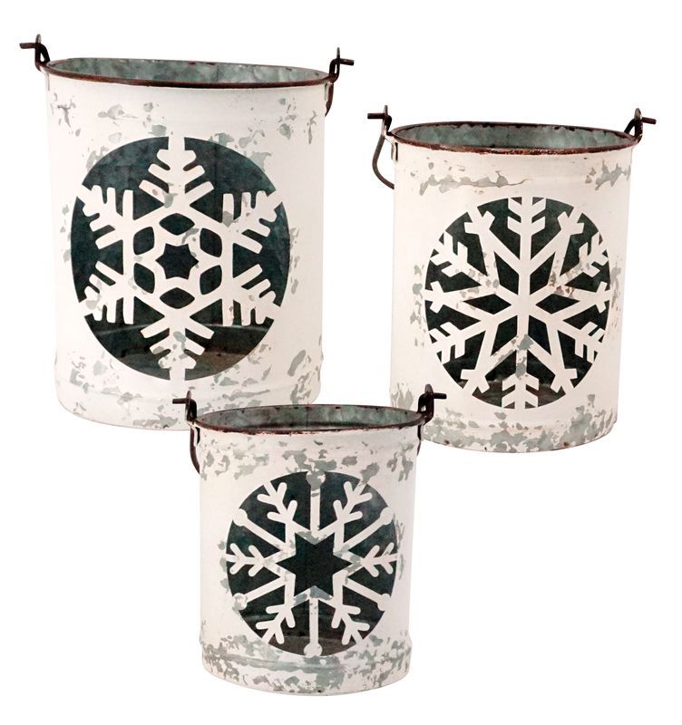 White Metal Snowflake Buckets - Set of 3