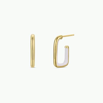 White Enamel Large Rectangle Gold Hoop Earrings