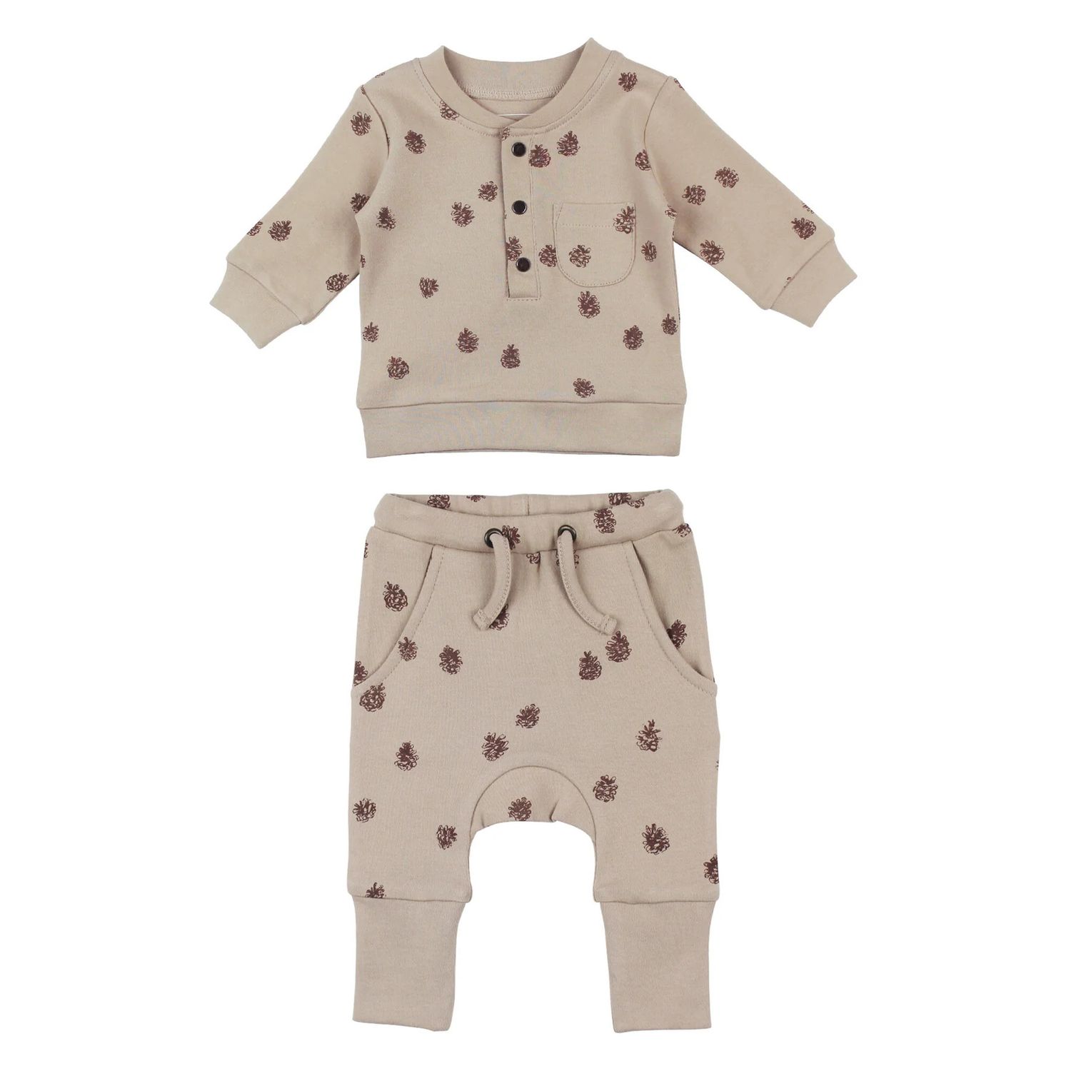 Organic Henley Sweatshirt &amp; Jogger Set Size 3-6m in Oatmeal Pinecone