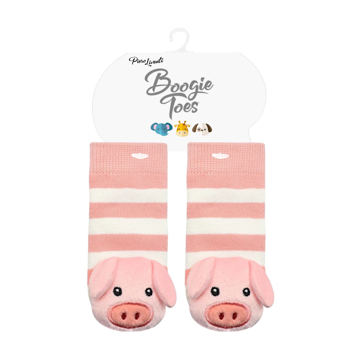 Liventi Pink and White Pig Boogie Toes Rattle Socks 0-1Y