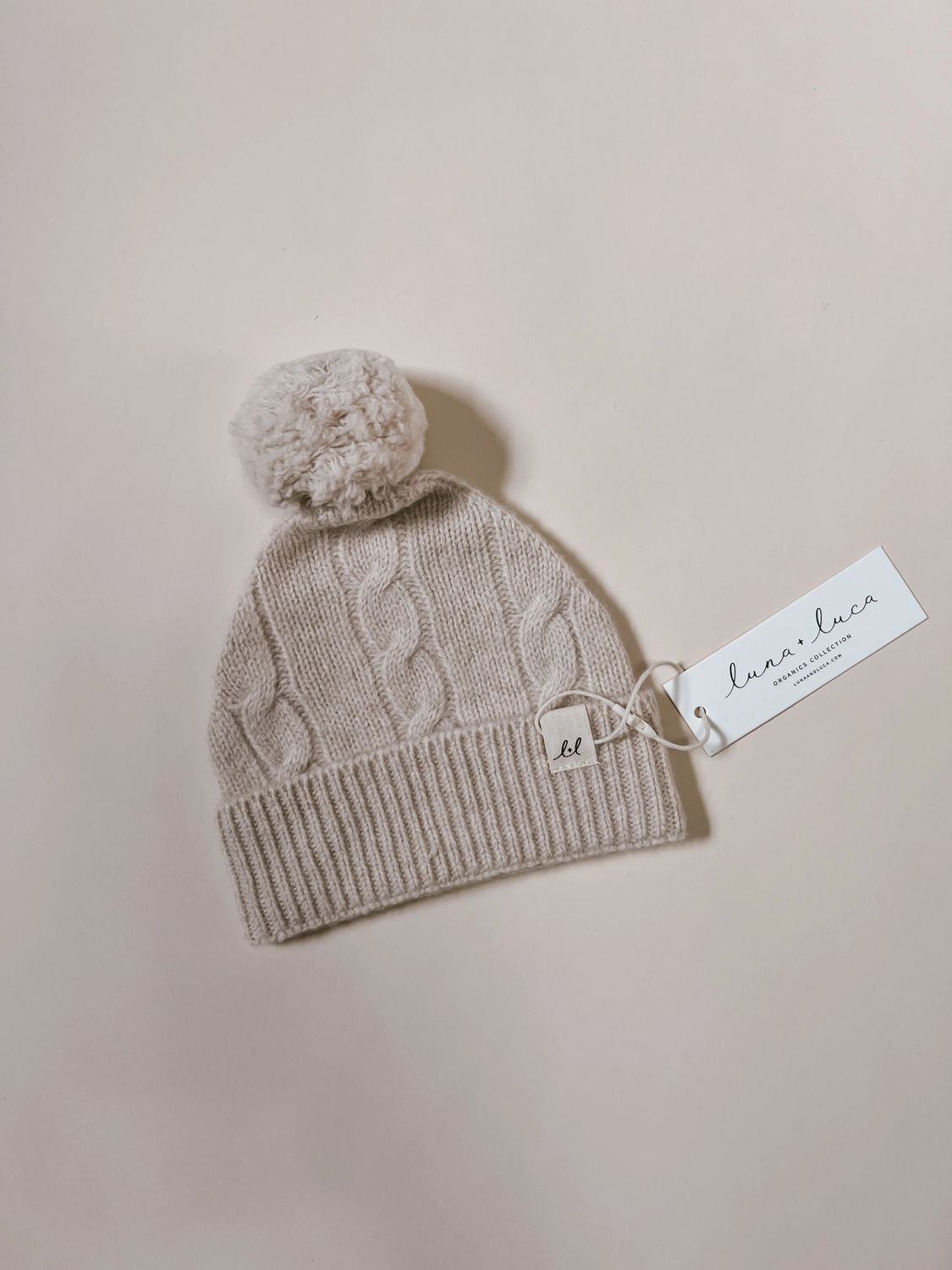 Luna + Luca Cable Knit Pom Beanie - Sand 3-6 M