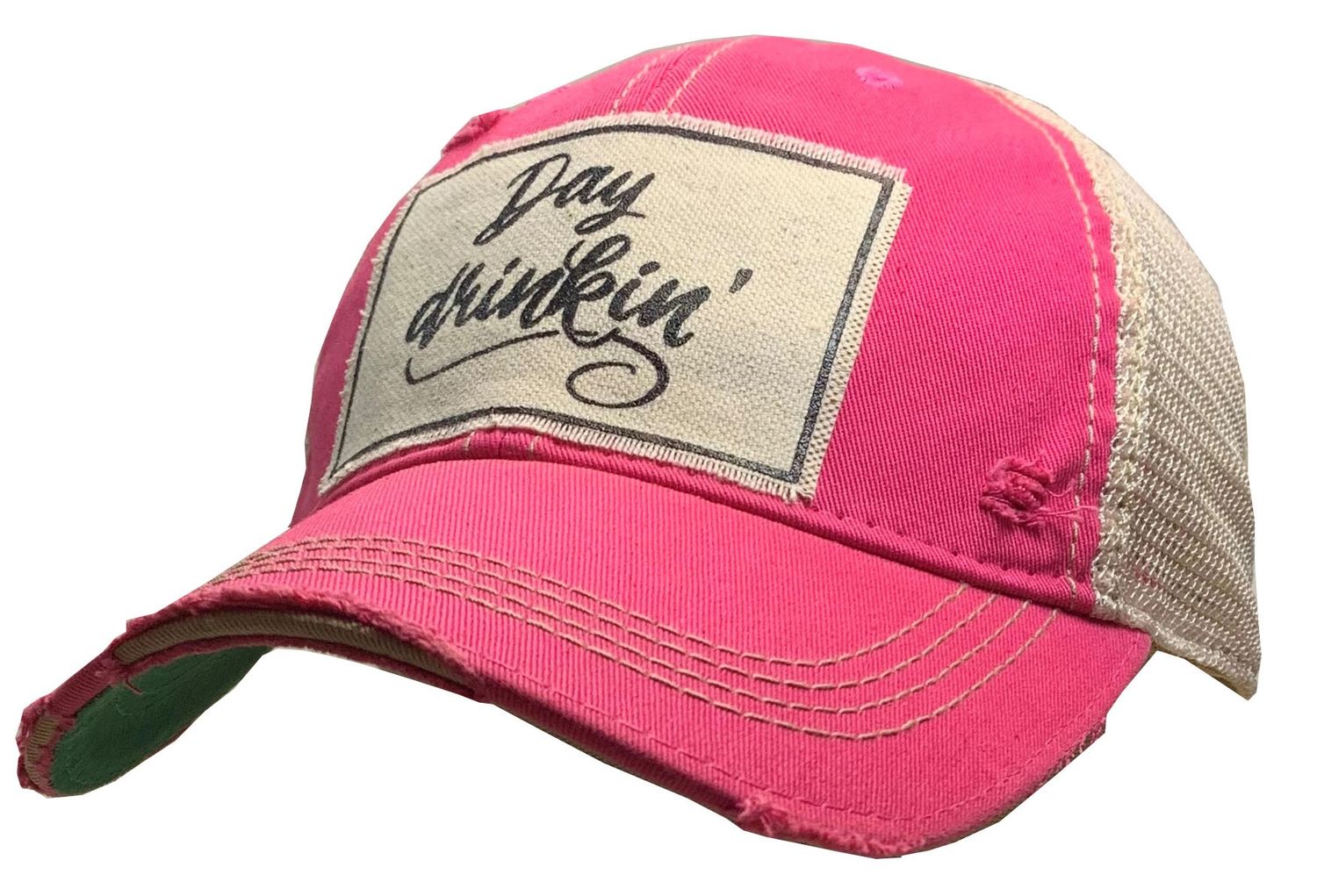 "Day Drinkin' " Distressed Trucker Cap - , Color: Hot Pink