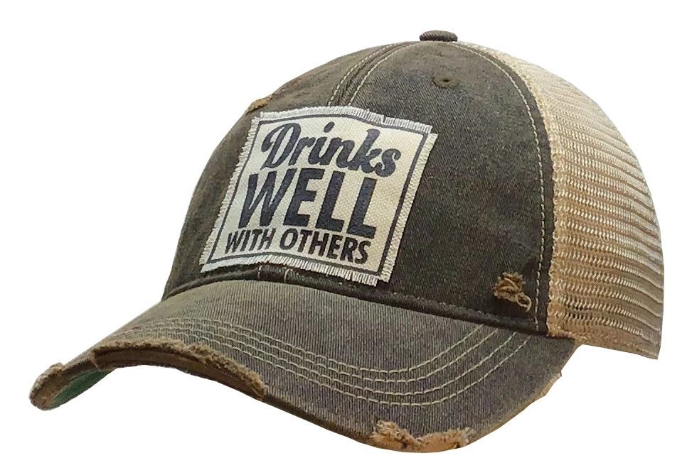 "Drinks Well With Others" Distressed Trucker Cap - , Color: Black