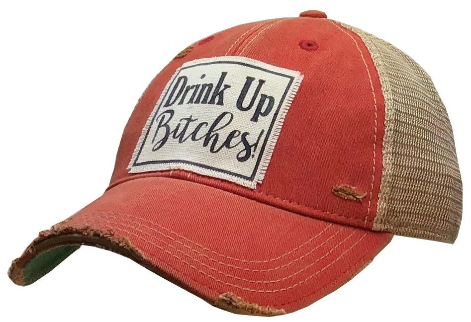 "Drink Up Bitches" Distressed Trucker Cap - , Color: Black