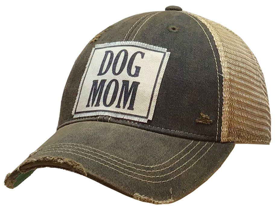 "Dog Mom" Distressed Trucker Cap - , Color: Black