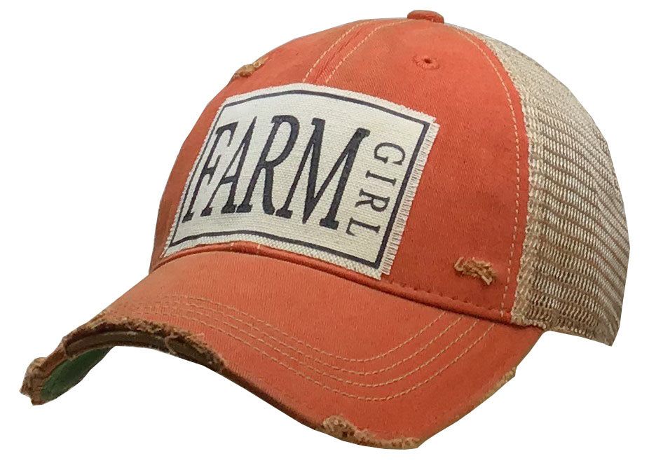 "Farm Girl" Distressed Trucker Cap - , Color: Orange