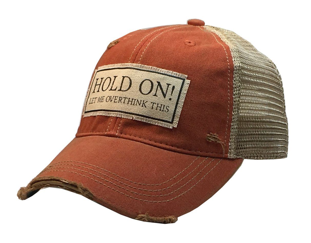 "Hold On Let Me Overthink This" Distressed Trucker Cap - , Color: Orange