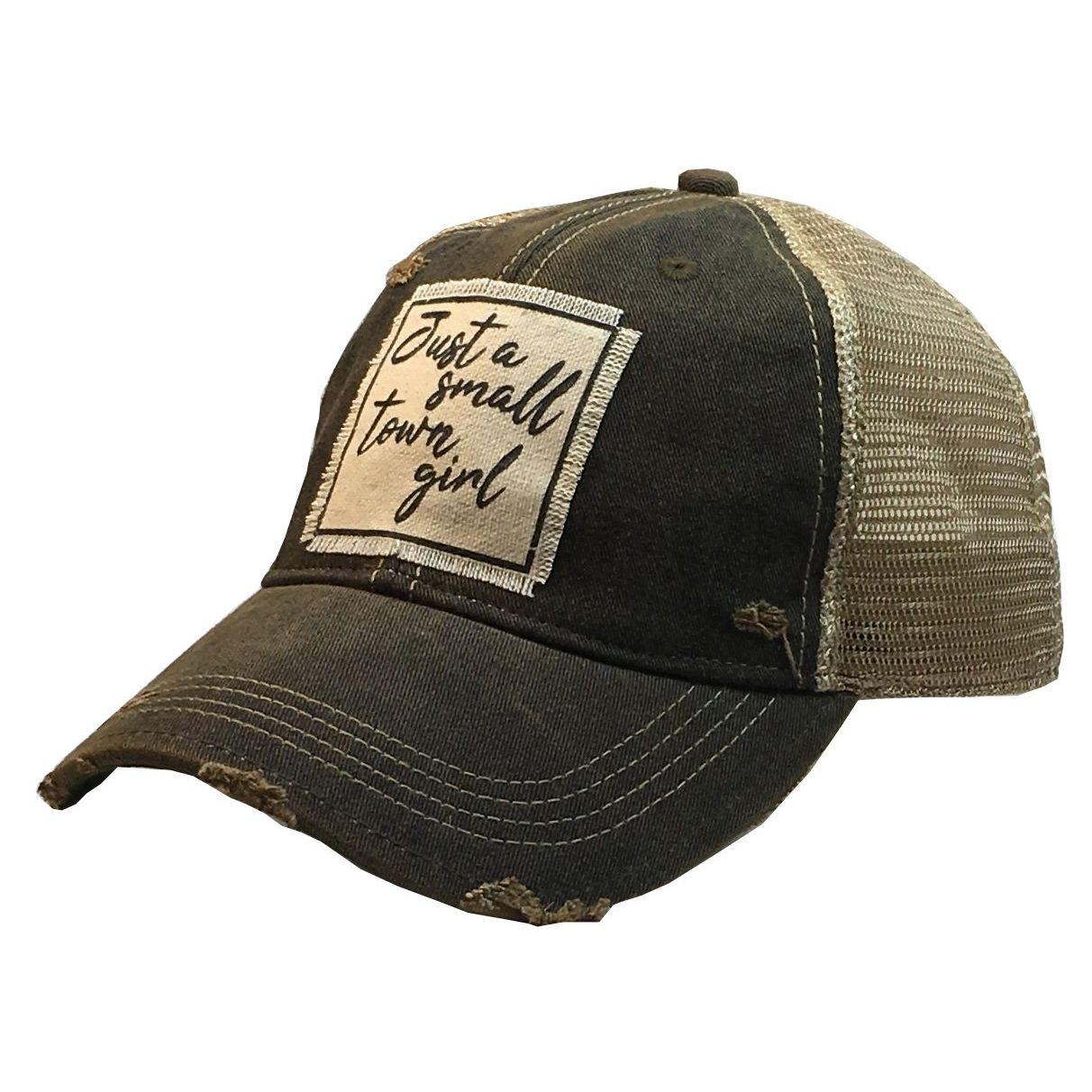 "Just A Small Town Girl" Distressed Trucker Cap - , Color: Black