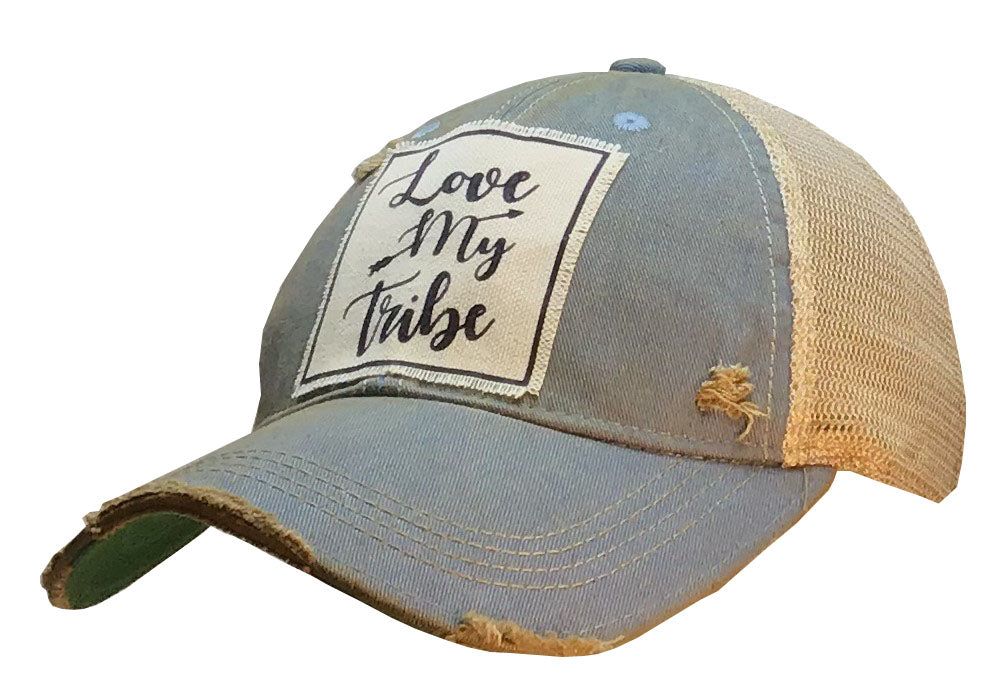 "Love My Tribe" Distressed Trucker Cap - , Color: Sky Blue