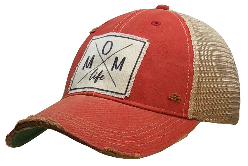 "Mom Life" Distressed Trucker Cap - , Color: Light Red
