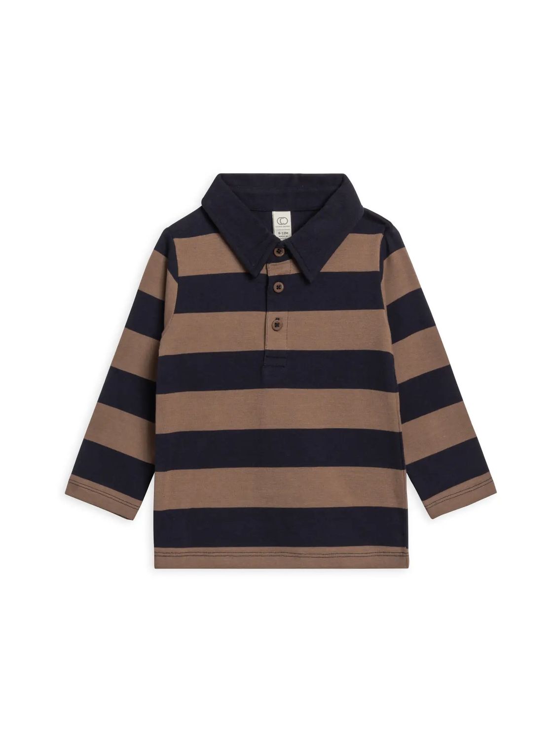 Doyle Long Sleeve Collared Top  - , Color: Rugby Stripe - Navy + Taupe, Size: 12-18M