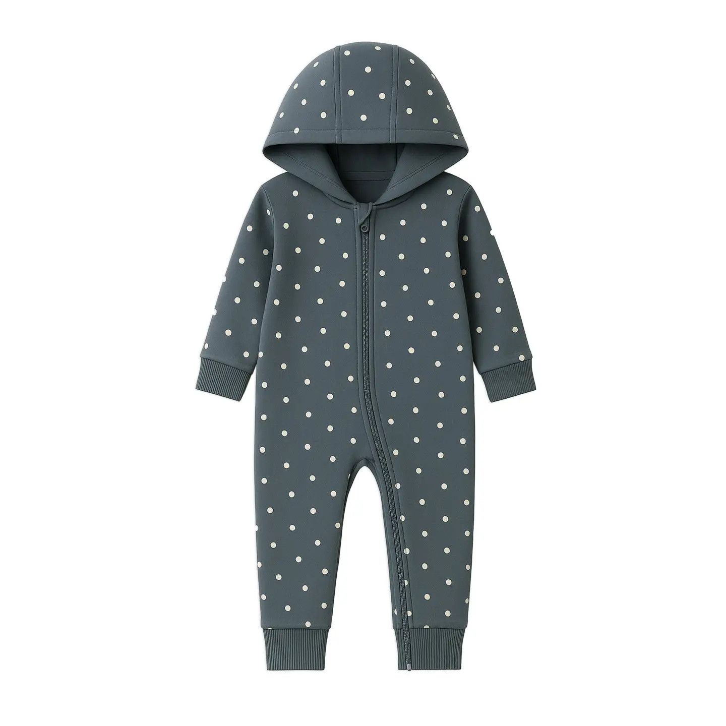 Greer Fleece Hooded Zipper Romper - , Color: Polka Denim -, Size: 0-3M