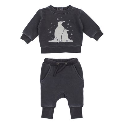 Organic Cozy Graphic Sweatshirt &amp; Jogger Set Size 0-3m in Coal Penguin