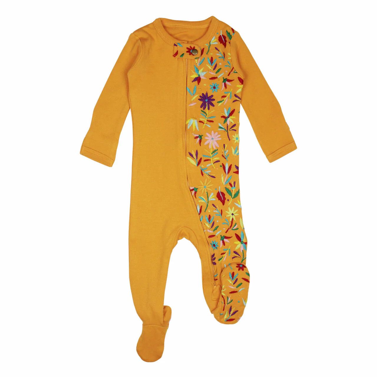 Organic Embroidered Zipper Footie Size 9-12m in Tangerine Floral