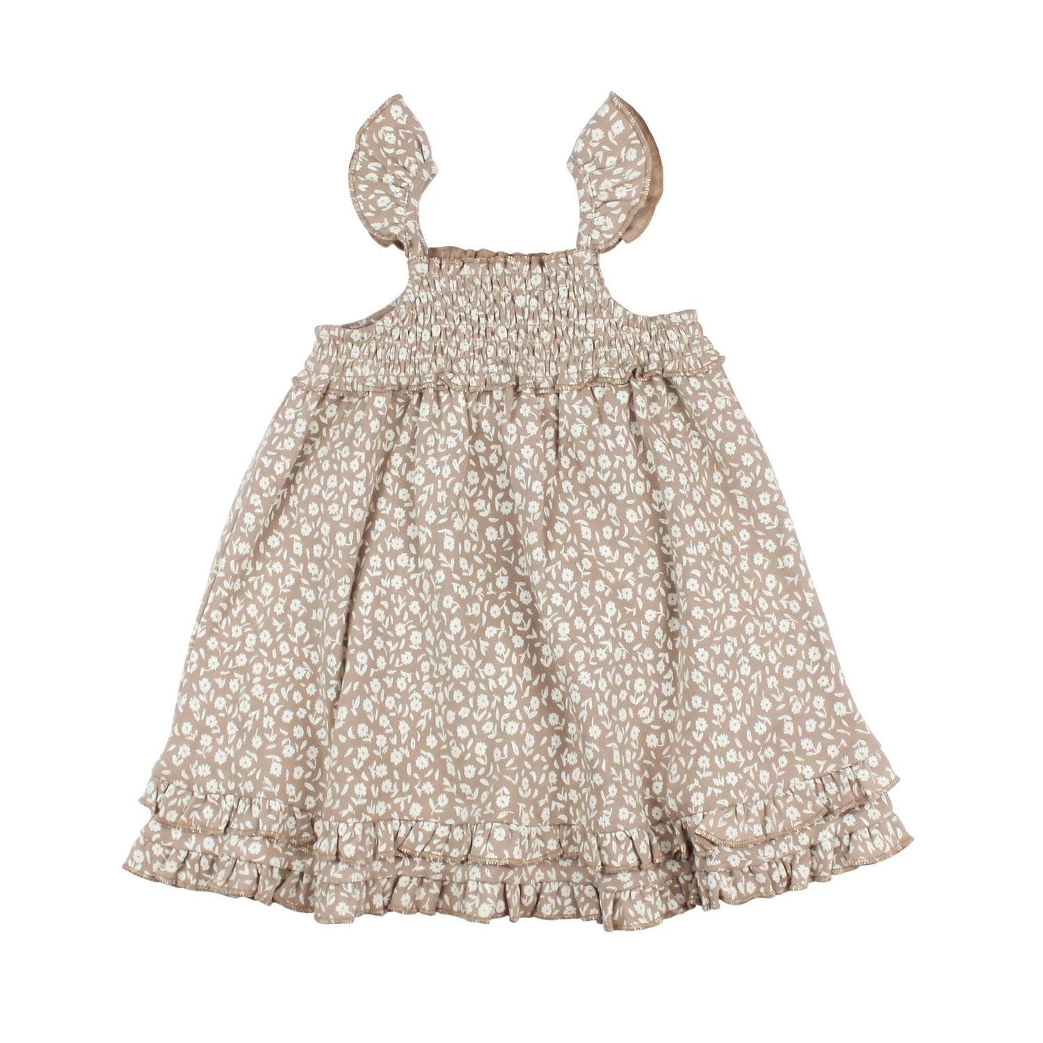 Organic Smocked Summer Dress Size 9-12m in Oatmeal Ditsy Floral