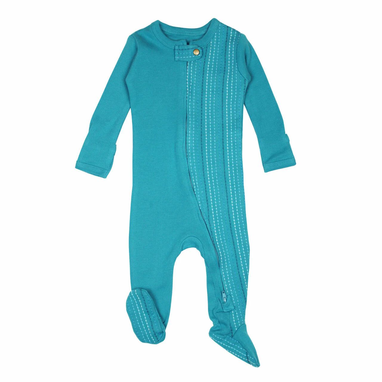 Organic Embroidered Zipper Footie Size 6-9m in Teal Dash