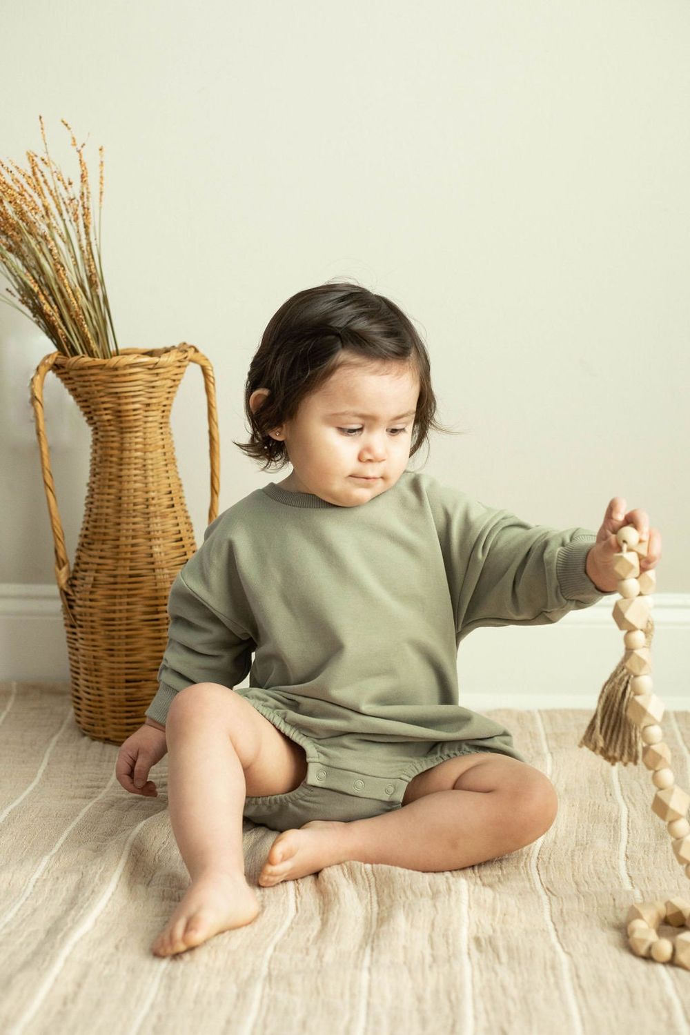 Oversized Organic Sweatshirt Romper - , Color: Olive Green, Size: 3-6 month