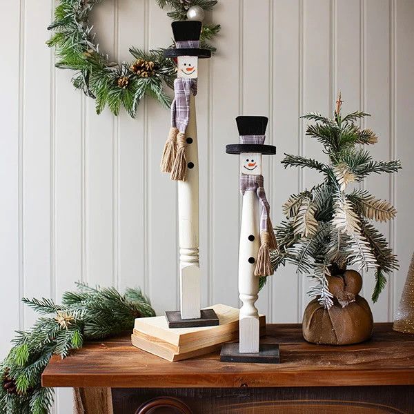 Two Turned Wood Standing Snowman