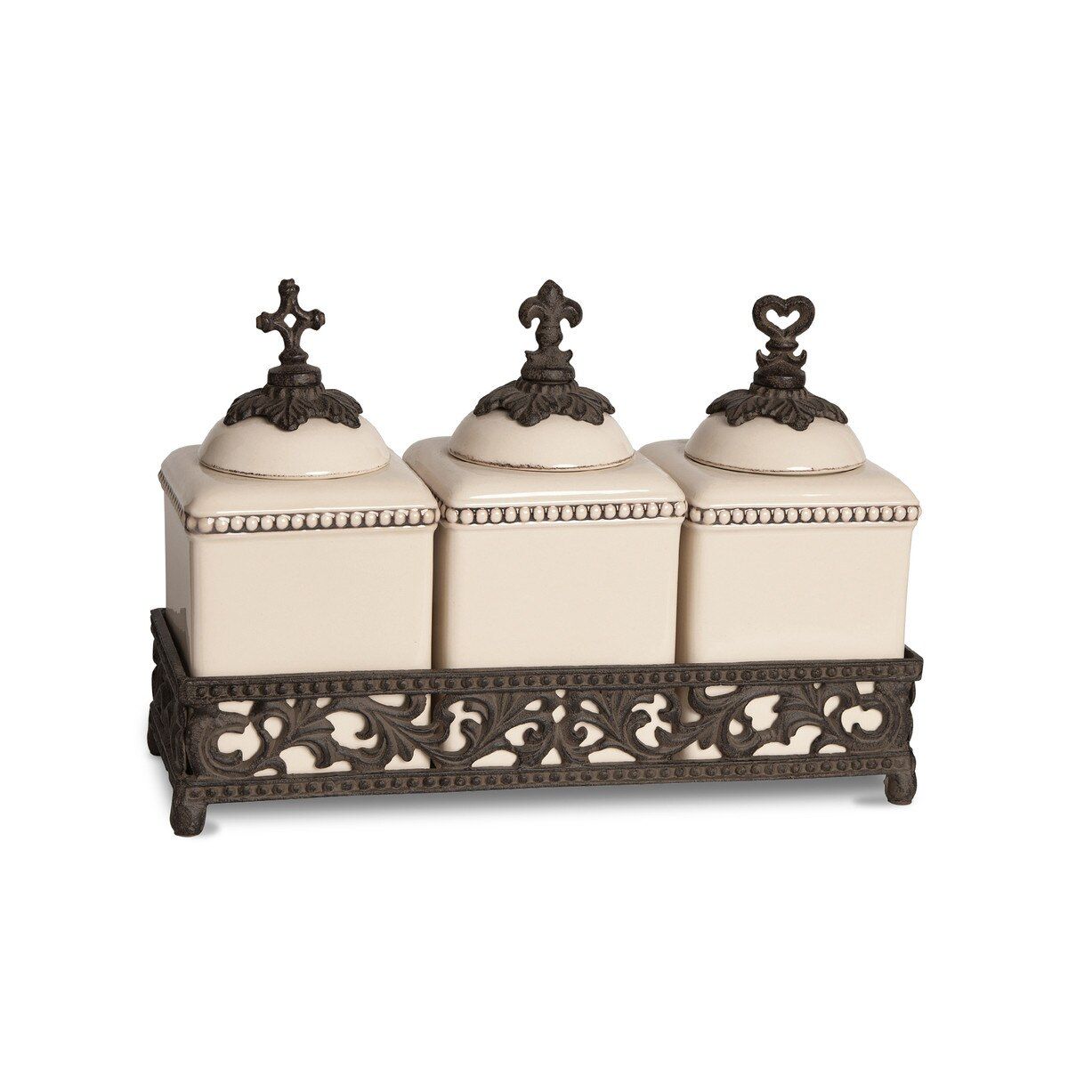 Acanthus Stoneware Canister Set, Set Of 3 Canisters With Base