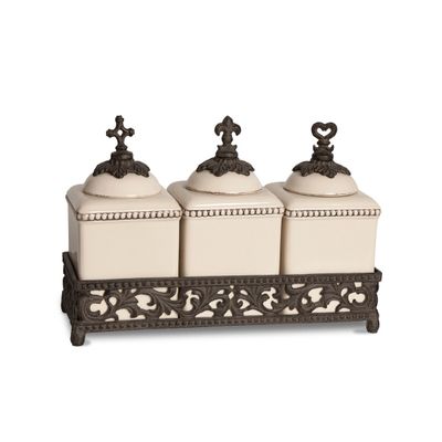 Acanthus Stoneware Canister Set, Set Of 3 Canisters With Base