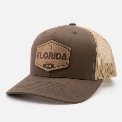 Florida Established Hat - Leather Patch Trucker Hat - Brown/Khaki