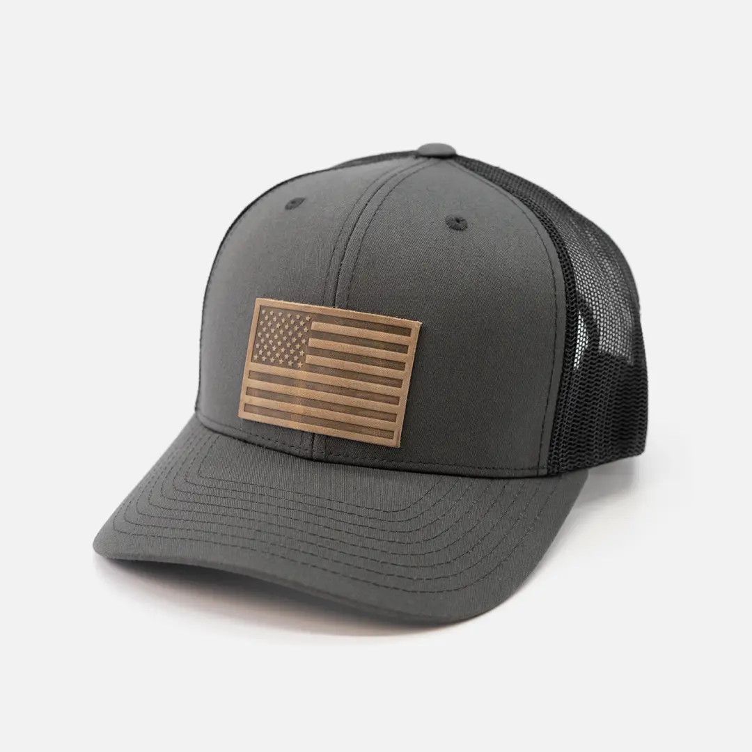 American Flag Hat - Leather Patch Trucker Snapback - Charcoal