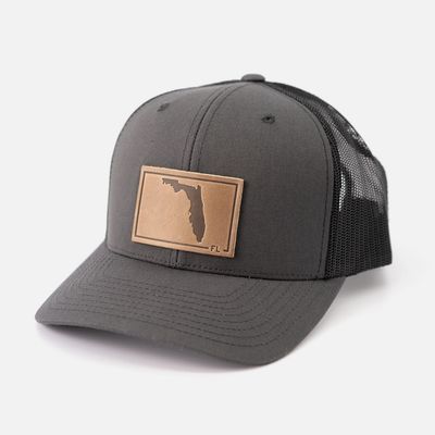 Florida Silhouette Hat - Leather Patch Trucker Hat - Charcoal