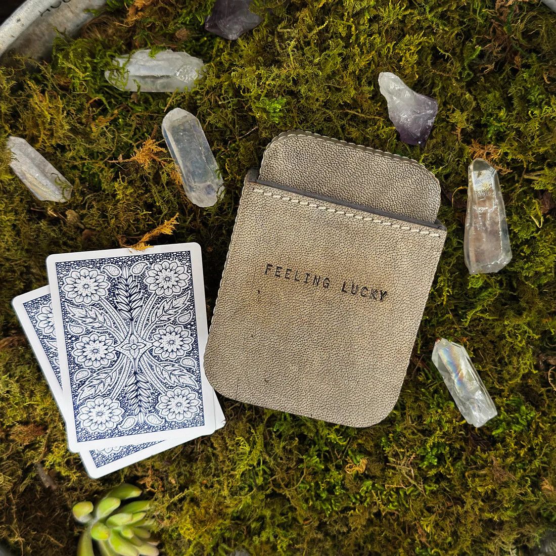 Feeling Lucky Leather Playing Card Case - Stone
