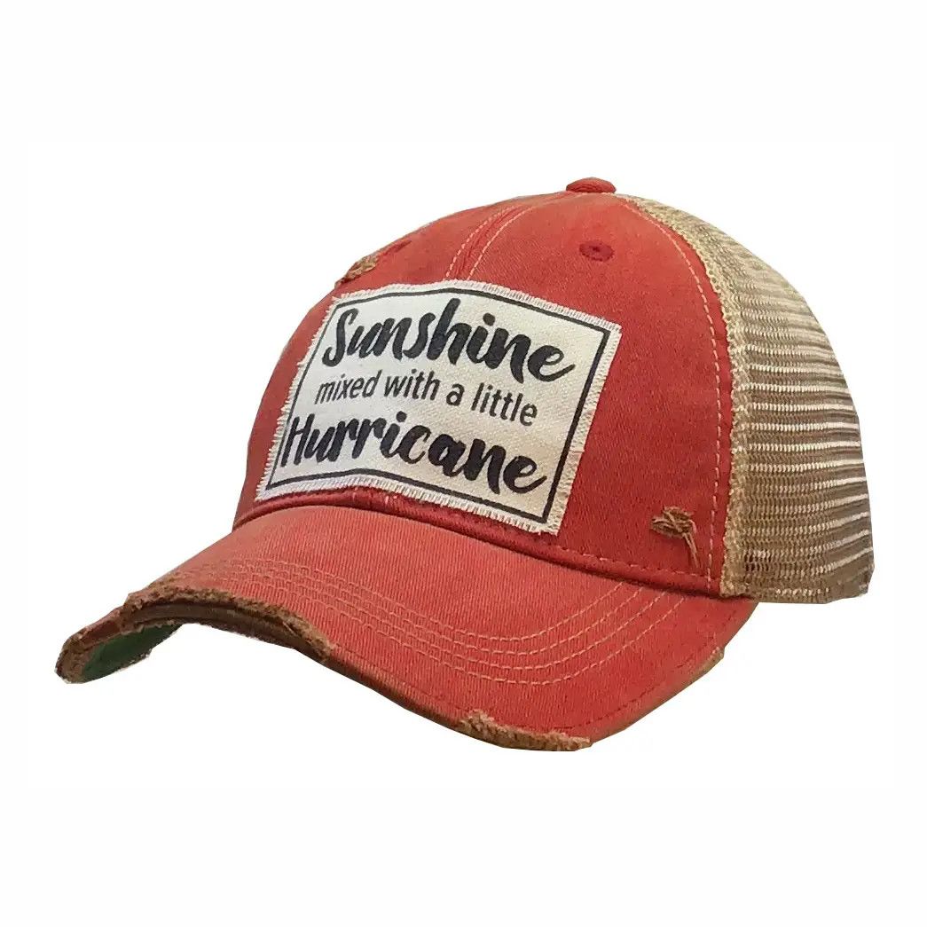 "Sunshine with A Little Hurricane" Distressed Trucker Cap - Red