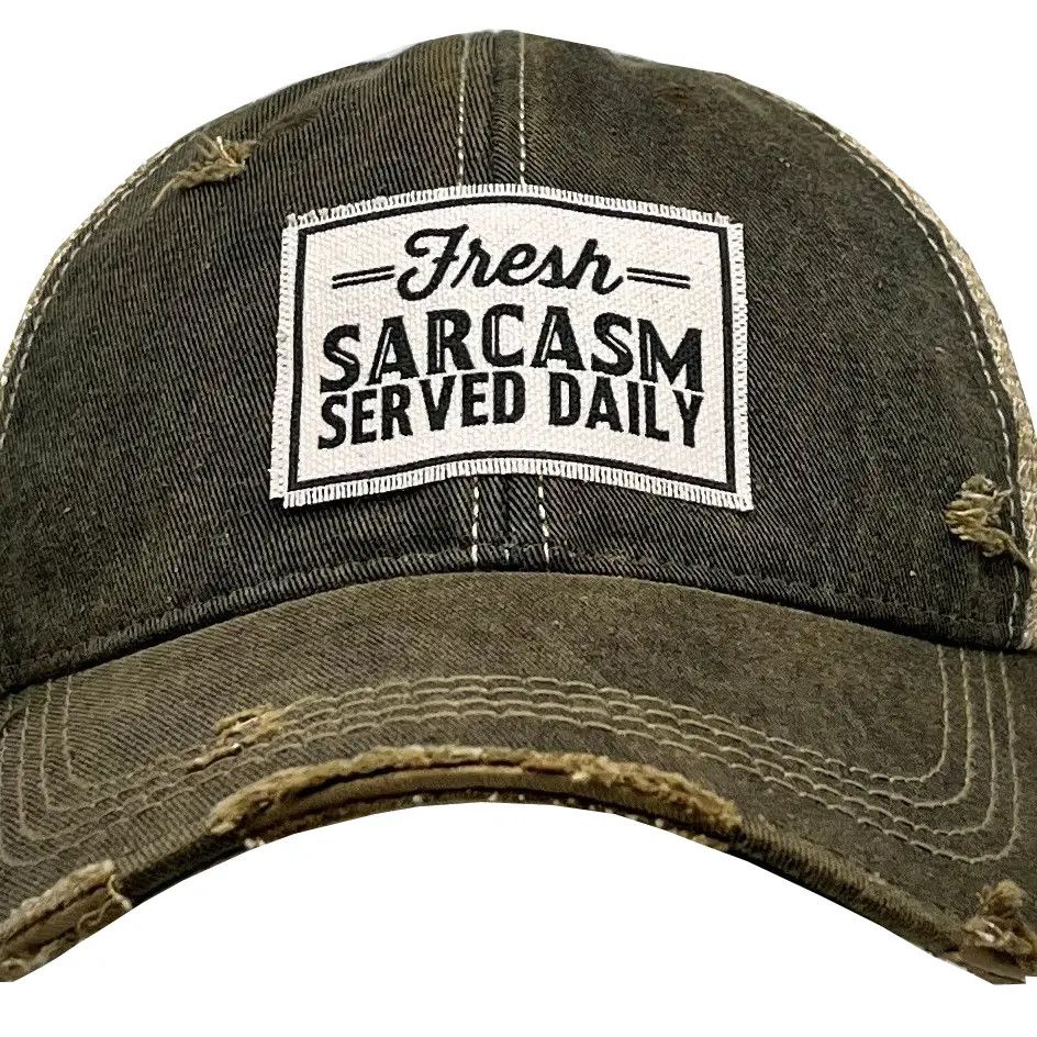 "Fresh Sarcasm Served Daily" Distressed Trucker Hat - Black