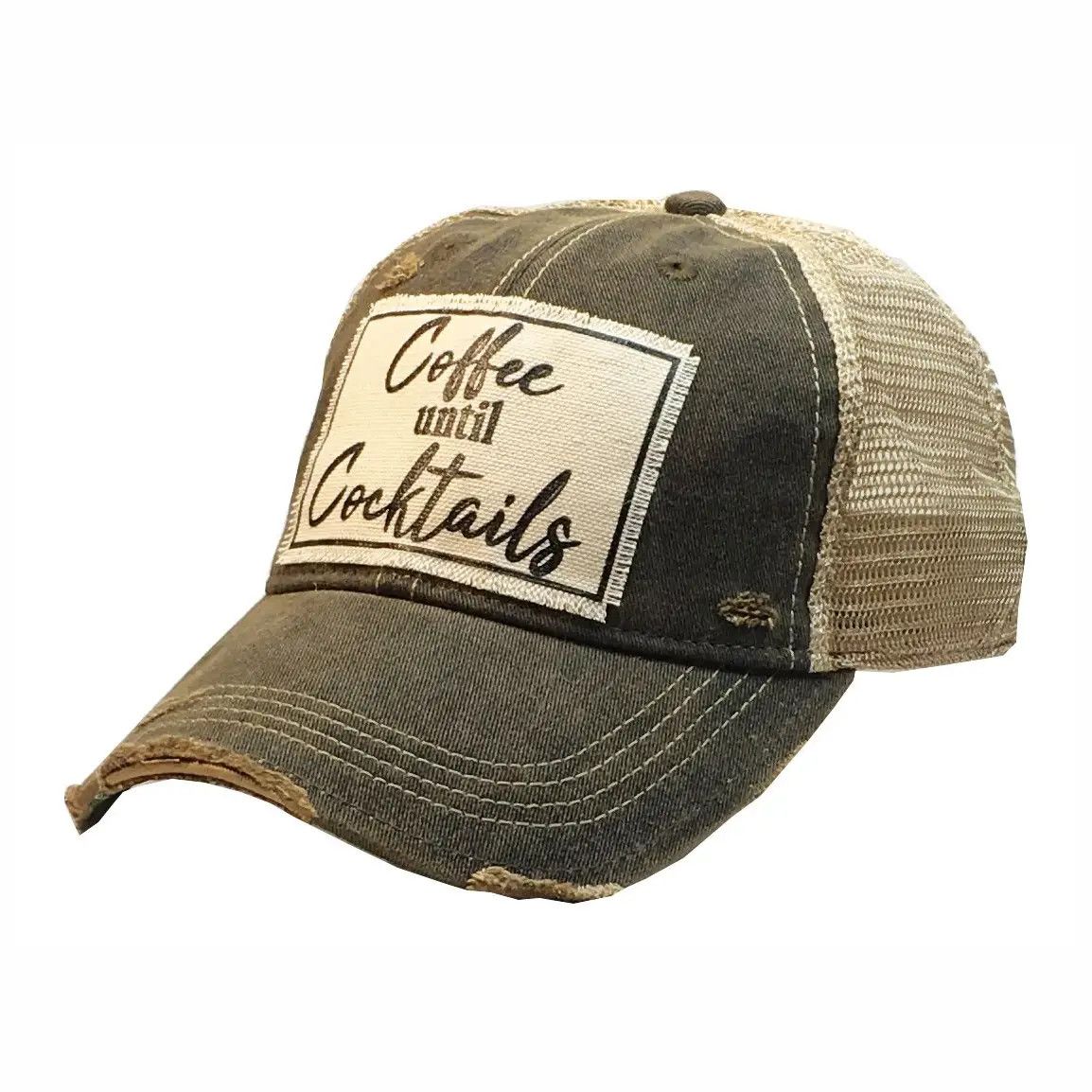 "Coffee Until Cocktails" Distressed Trucker Hat - Black