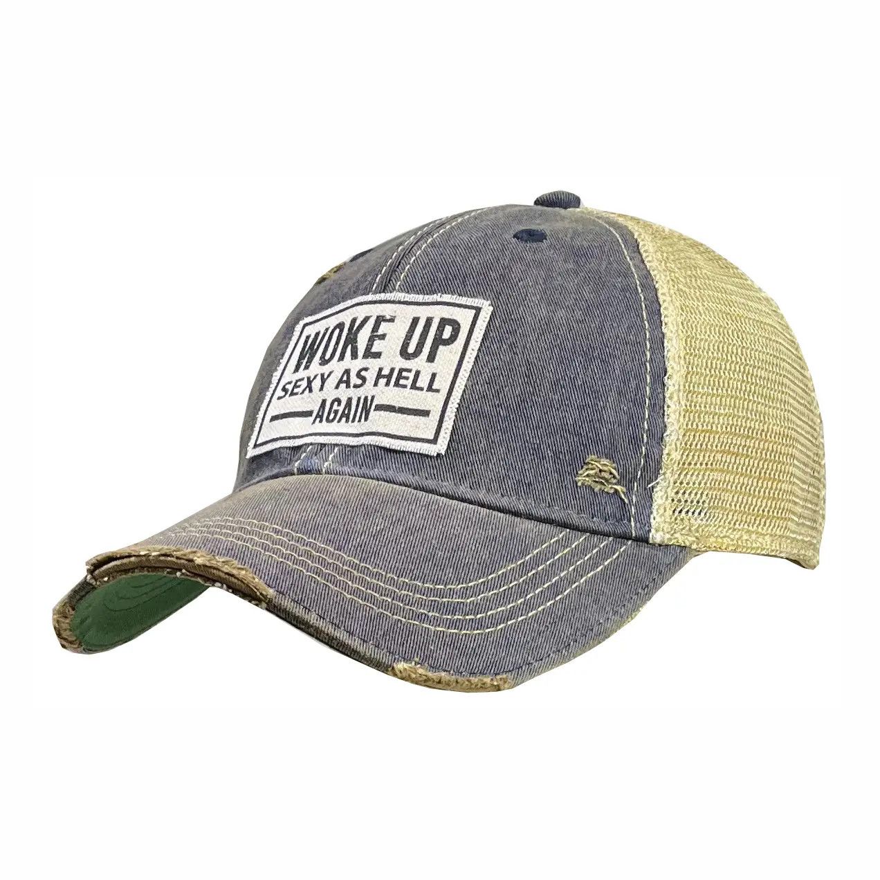 "Woke Up Sexy As Hell Again" Distressed Trucker Cap - Blue