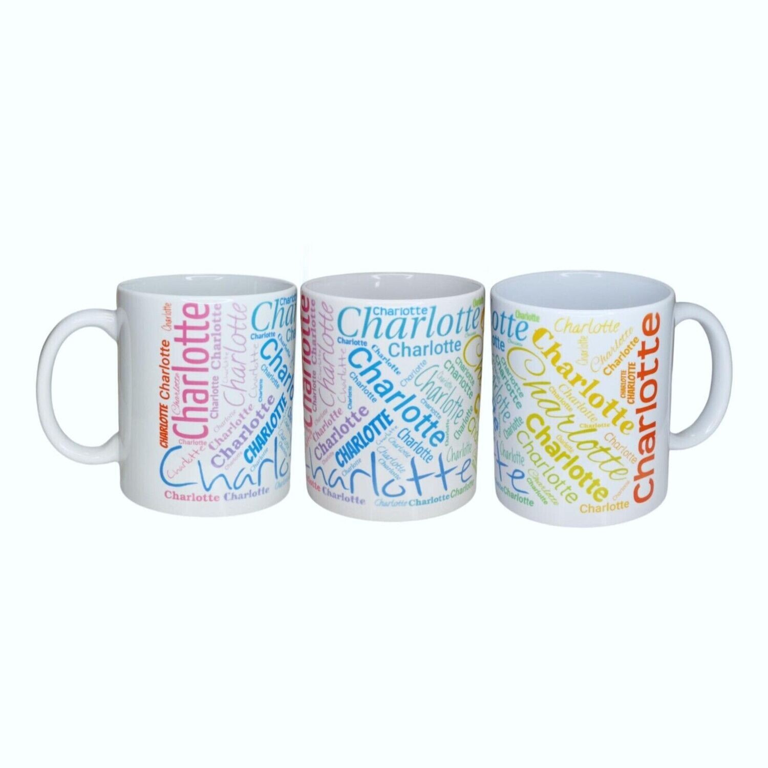 personalisierte Tasse mit Regenbogenschrift