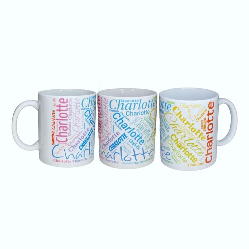 personalisierte Tasse mit Regenbogenschrift