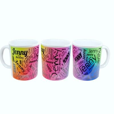 personalisierte Tasse mit Ihrem Namen in schwarz auf einem Regenbogen