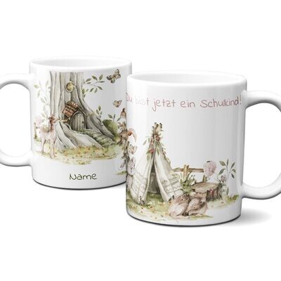 personalisierte Tasse zur Einschulung im Walddesign