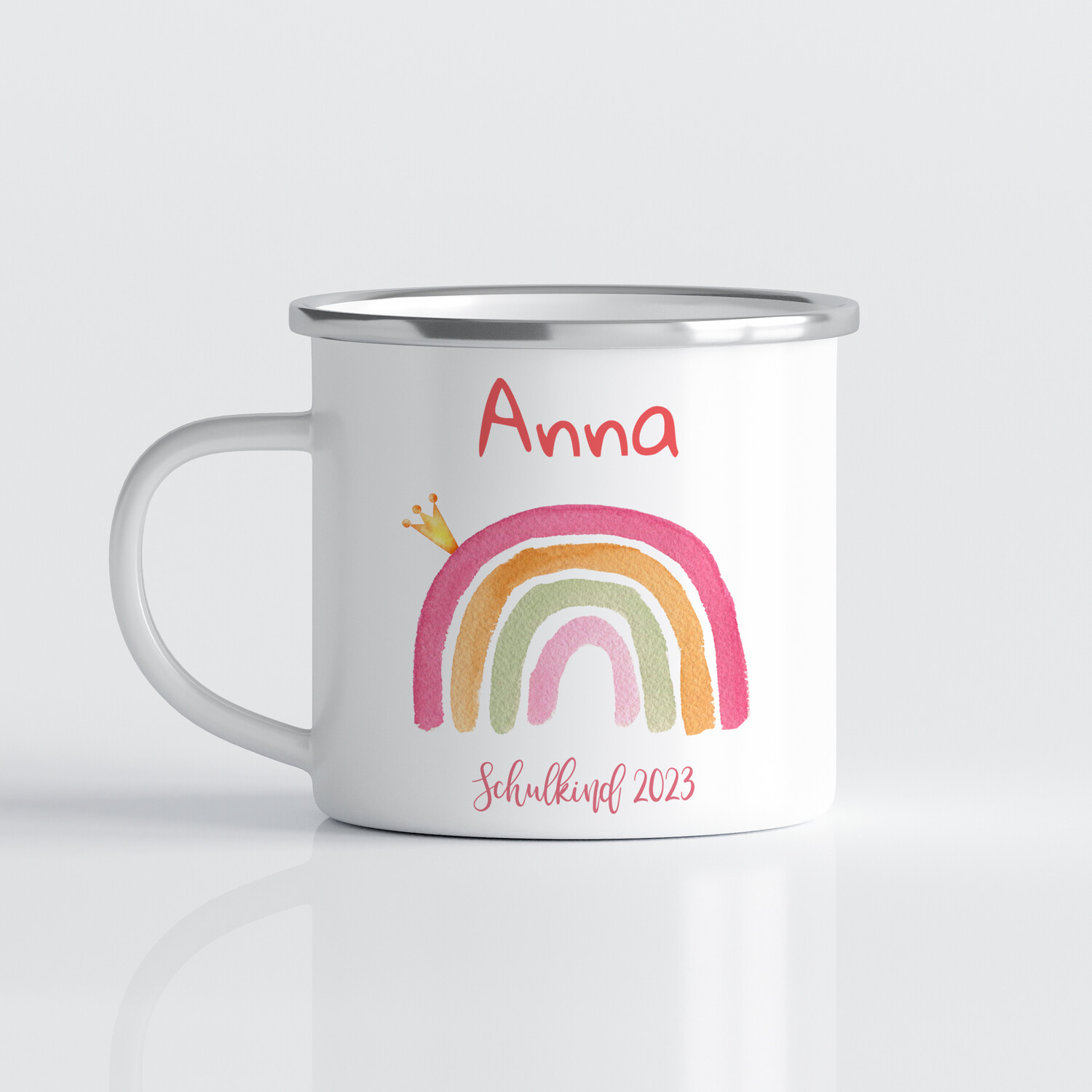personalisierte Tasse zur Einschulung mit Regenbogen