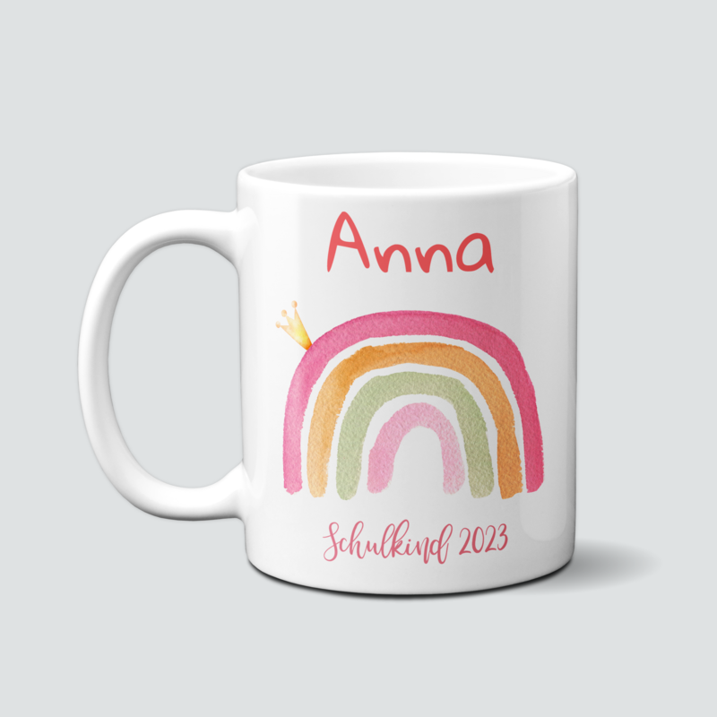 personalisierte Tasse zur Einschulung mit Regenbogen