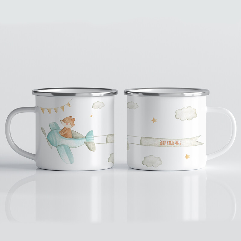 individuelle Tasse für Schulkinder mit Flugzeug und Fuchs