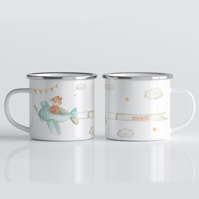 individuelle Tasse für Schulkinder mit Flugzeug und Fuchs