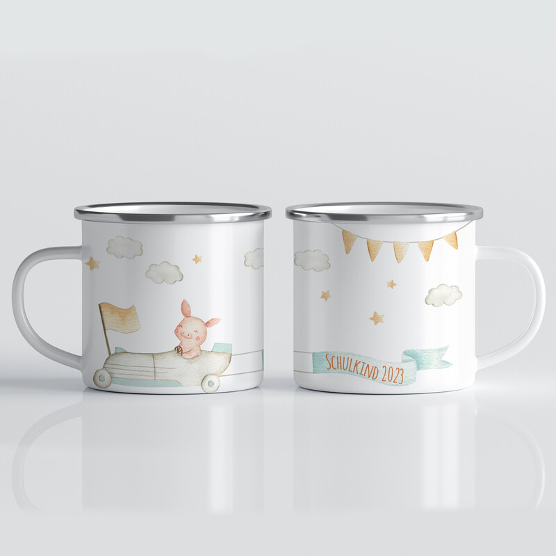 individuelle Tasse für Schulkinder mit Auto und Schweinchen
