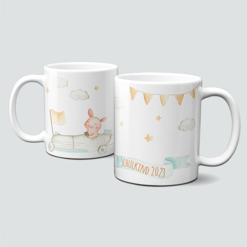 individuelle Tasse für Schulkinder mit Auto und Schweinchen