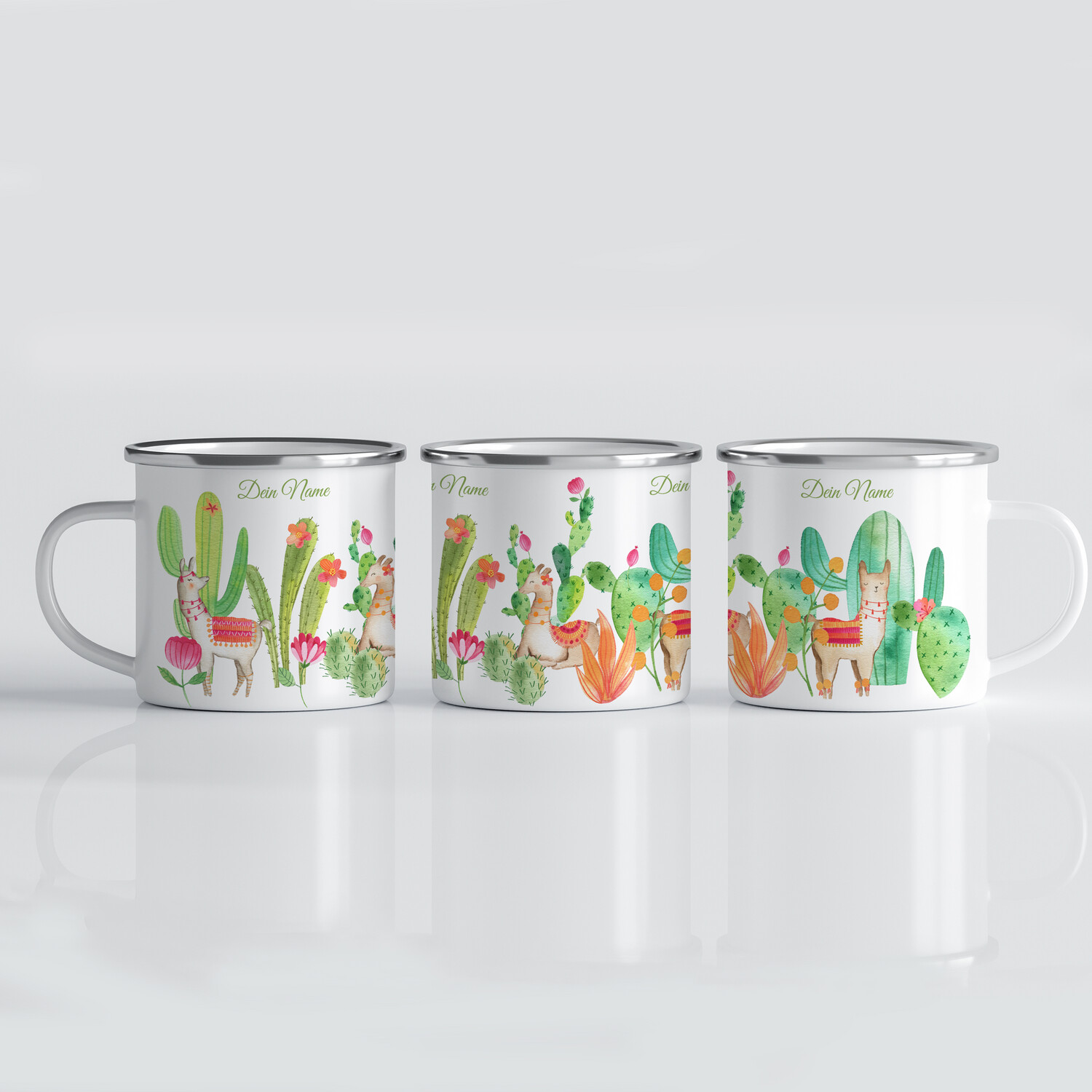 personalisierte Tasse mit Lamas und Kakteen