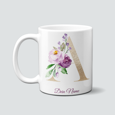 individuelle Monogrammtasse in Gold und Lila